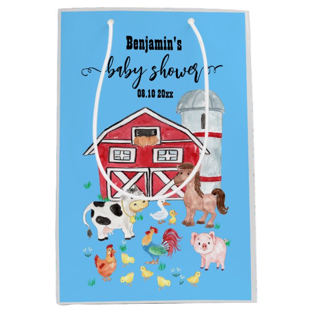 Sac Cadeau Moyen Cute Farm Animaux Baby shower Bleu (Devant)