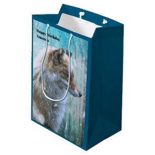 Sac Cadeau Moyen Cute Furry Fox sur Blue Grunge Arrière - plan Anni