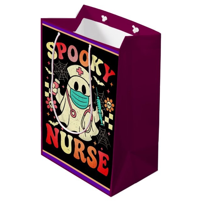 Sac Cadeau Moyen Cute Ghost Nurse Halloween Graphisme Retro Pastels (Dos Angle)