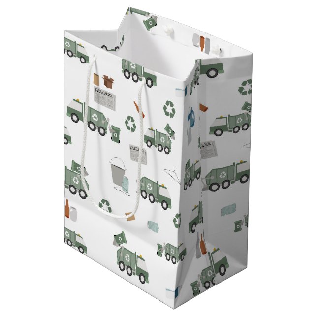 Sac Cadeau Moyen Cute Green Recycling Camion Enfants Véhicules Moti (Devant Angle)
