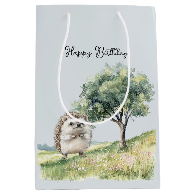 Sac Cadeau Moyen Cute Hedgehog Meadow with Tree Birthday (Devant)