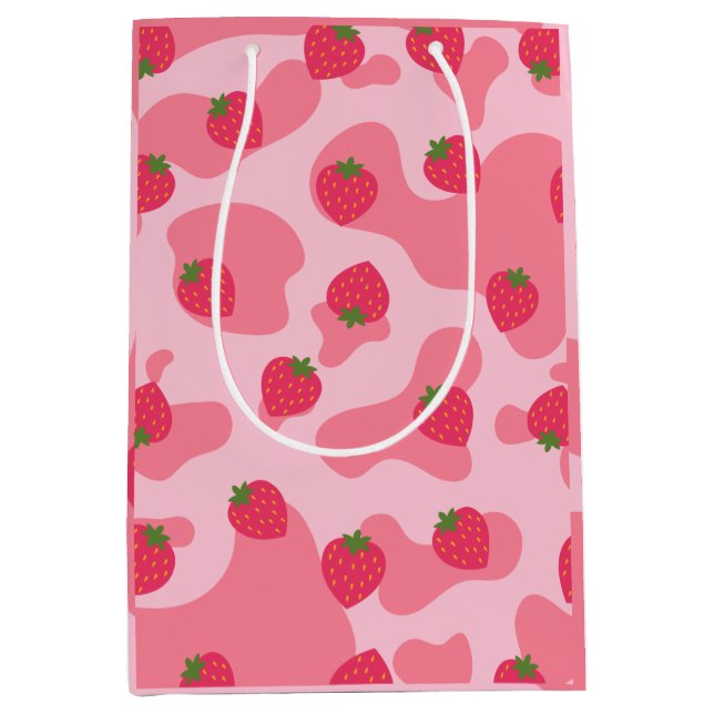 Sac Cadeau Moyen Cute Kawaii Motif de la vache fraise (Devant)