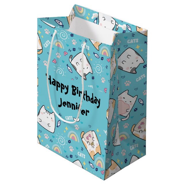 Sac Cadeau Moyen Cute Kitty Chats Motif Whimsical Joyeux Anniversai (Devant Angle)