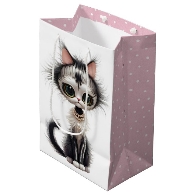 Sac Cadeau Moyen Cute Kitty portant un collier de perle (Devant Angle)