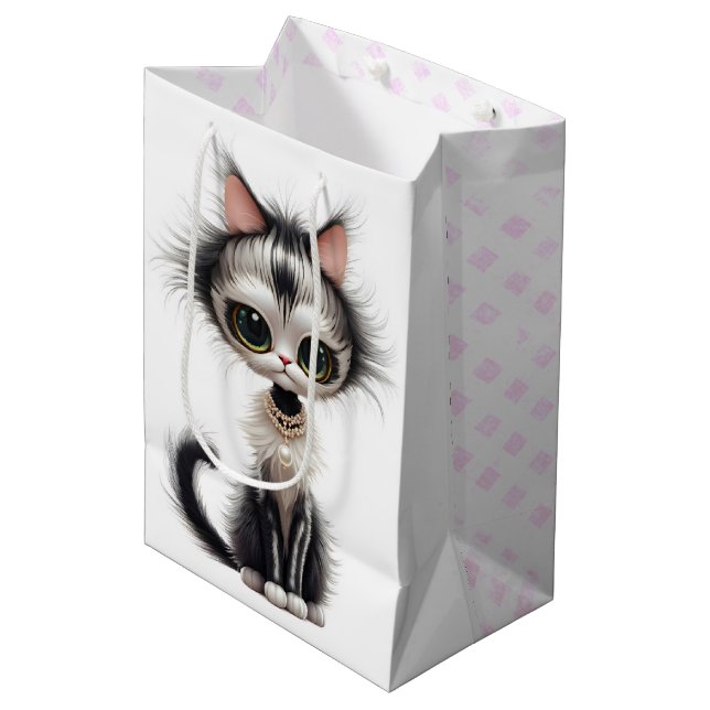 Sac Cadeau Moyen Cute Kitty portant un collier de perle (Devant Angle)