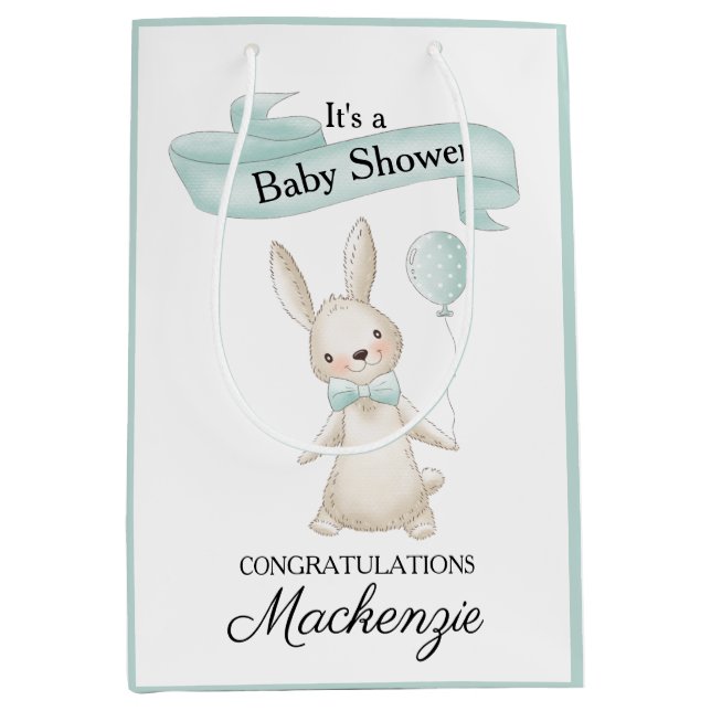 Sac Cadeau Moyen Cute lapin farci avec Baby shower Turquoise de bal (Devant)