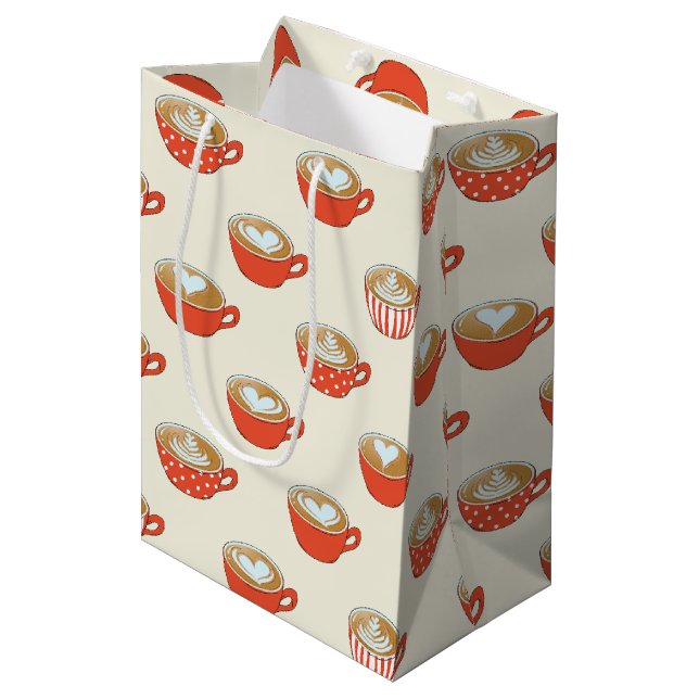 Sac Cadeau Moyen Cute Latte Art dans le Motif de Mugs de café rouge (Devant Angle)