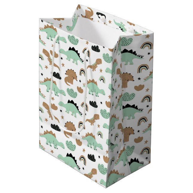 Sac Cadeau Moyen Cute Mint Green Dinosaur Motif (Devant Angle)
