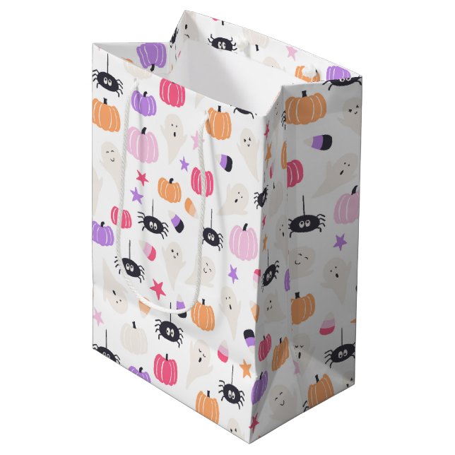 Sac Cadeau Moyen Cute Moderne violet citrouille et araignée Hallowe (Devant Angle)