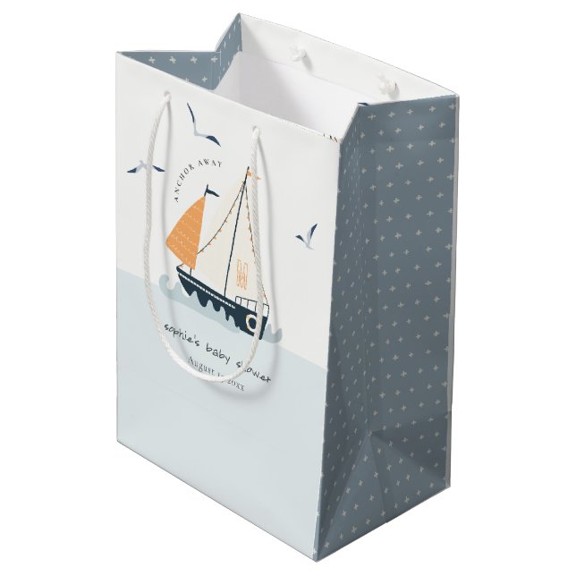 Sac Cadeau Moyen Cute Nautical Blue Sailboat Baby shower Pastel (Dos Angle)