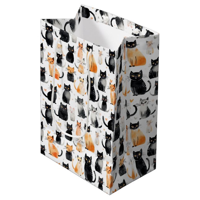 Sac Cadeau Moyen Cute Orange Blanc Noir Chats Anniversaire (Devant Angle)