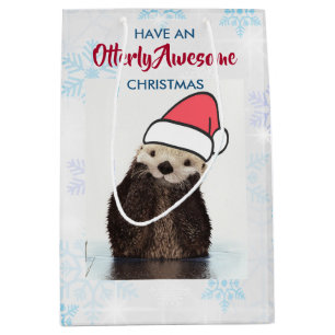 Sac Cadeau Moyen Cute Otter portant un jeu de Noël de chapeau de Pè