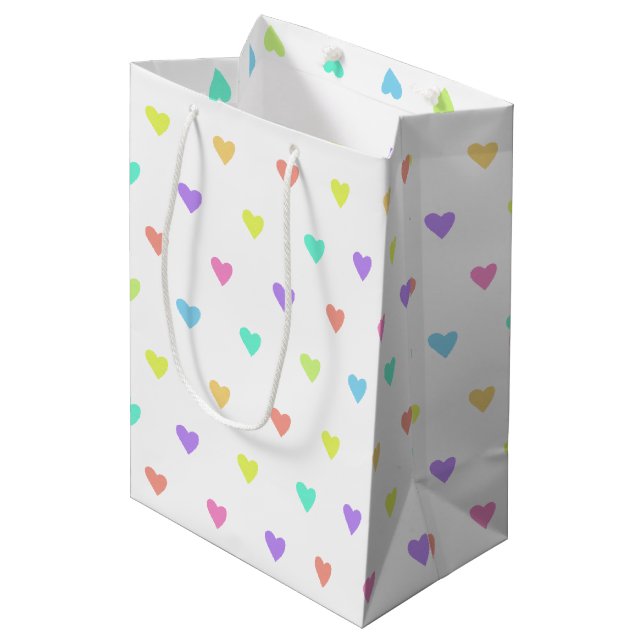 Sac Cadeau Moyen Cute Pastel Rainbow Hearts Motif (Devant Angle)