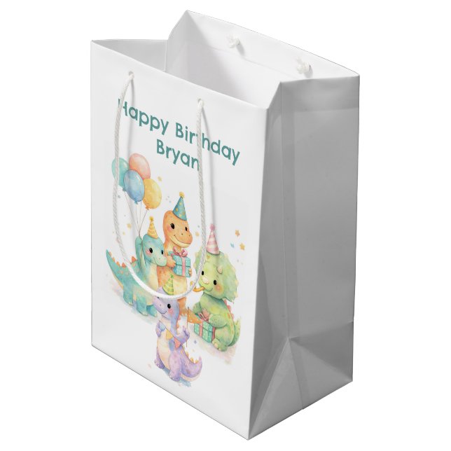 Sac Cadeau Moyen Cute Pastel Watercolor Dinosaurs Birthday (Dos Angle)
