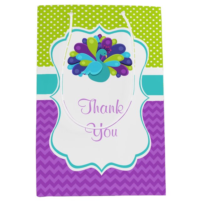 Sac Cadeau Moyen Cute Peacock vert et violet Merci d'anniversaire (Devant)