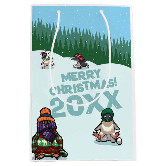 Sac Cadeau Moyen Cute Penguins Add The Year Merry Christmas! Winter (Devant)