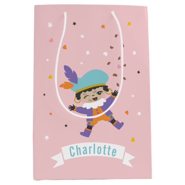 Sac Cadeau Moyen Cute Pietje avec nom et pepernoten (Devant)