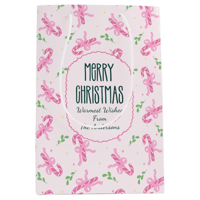 Sac Cadeau Moyen Cute Pink Coquette Christmas Candy Cane With Bow (Devant)