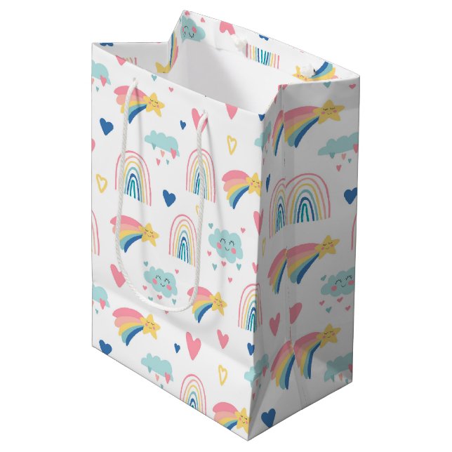 Sac Cadeau Moyen Cute Rainbow Hearts & Clouds Motif (Devant Angle)