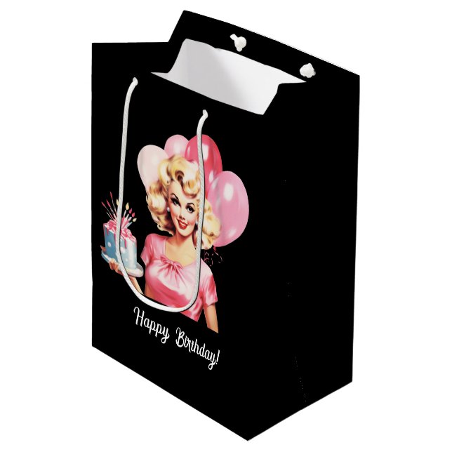 Sac Cadeau Moyen Cute retro lady Joyeux anniversaire personnalisabl (Devant Angle)