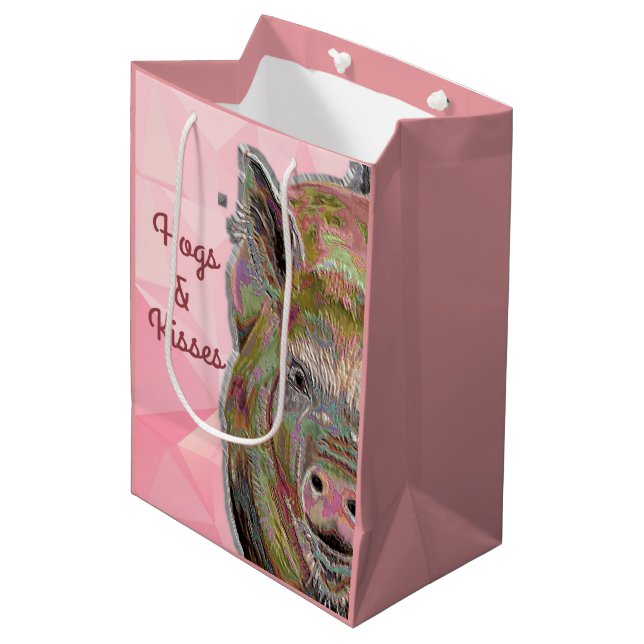 Sac Cadeau Moyen Cute rose Chien et Baisers Dessin Pastel (Devant Angle)