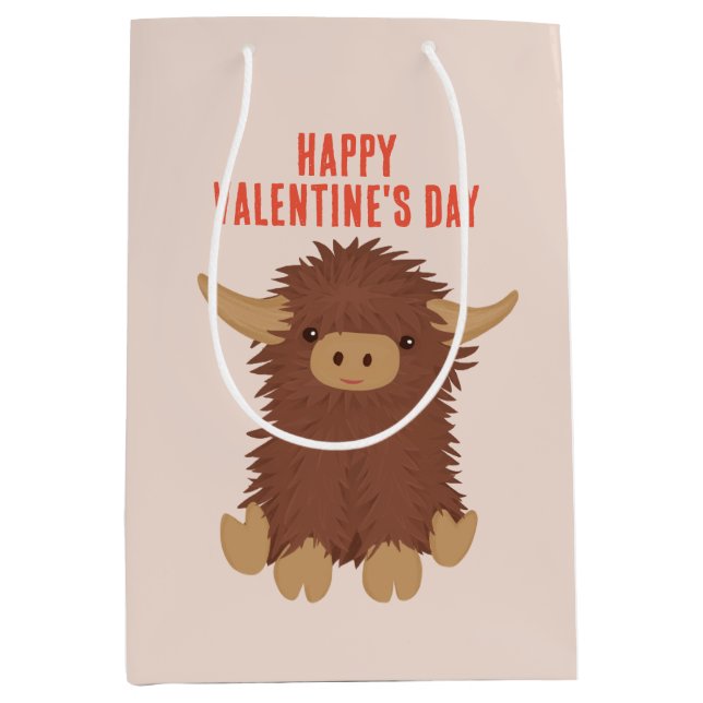Sac Cadeau Moyen Cute, shaggy Highland classe de vache Valentine (Devant)