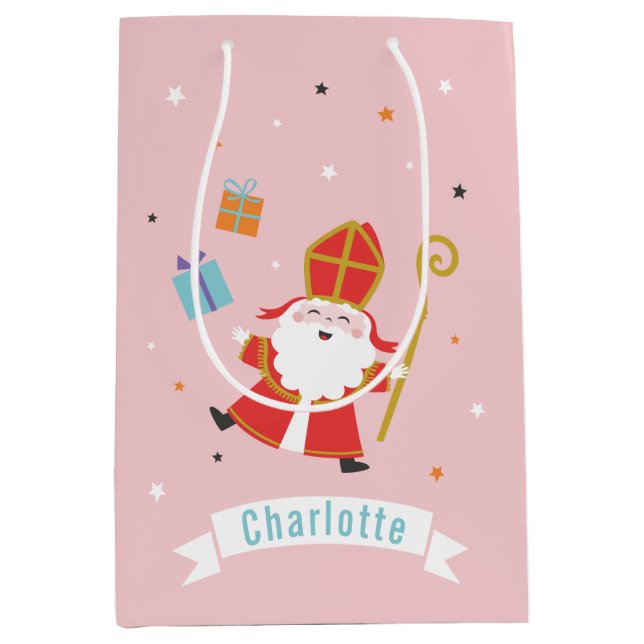 Sac Cadeau Moyen Cute Sinterklaas avec nom et cadeaux (Devant)