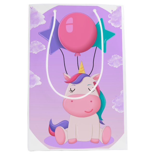 Sac Cadeau Moyen Cute Sitting Unicorn and Balloons Lilac (Devant)