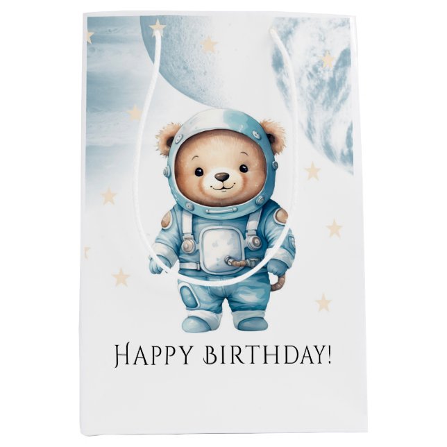 Sac Cadeau Moyen Cute Teddy Bear Astronaut fête d'anniversaire (Devant)