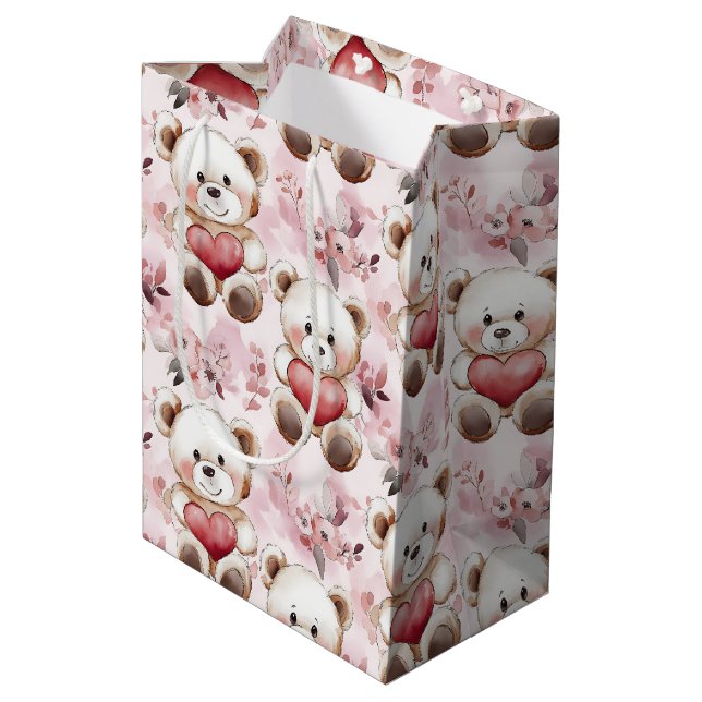 Sac Cadeau Moyen Cute Teddy Bear Valentine's Day Hearts Motif (Dos Angle)