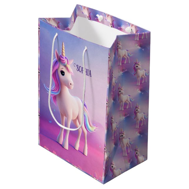 Sac Cadeau Moyen Cute Unicorne Blanche Avec Rose & Bleu Mane (Devant Angle)