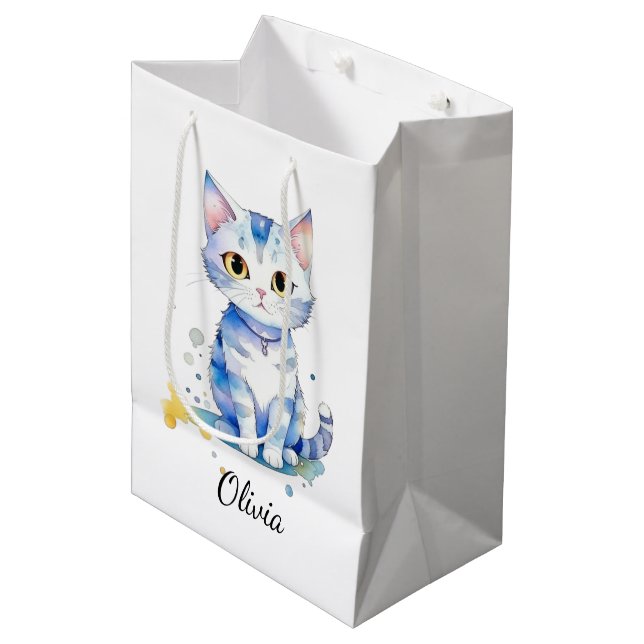Sac Cadeau Moyen Cute watercolor cat (chaton) design (Devant Angle)