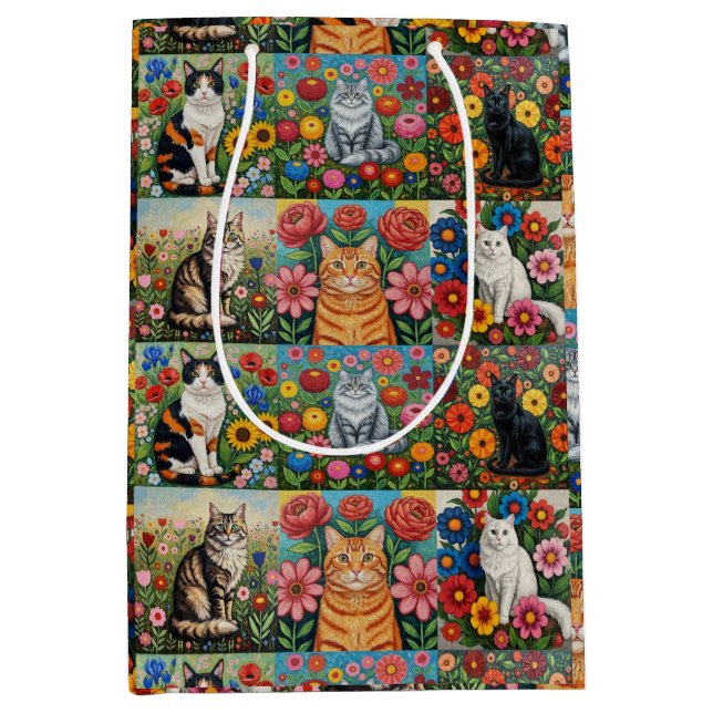Sac Cadeau Moyen Cute Whimsical Cats and Folk Art Flowers (Devant)
