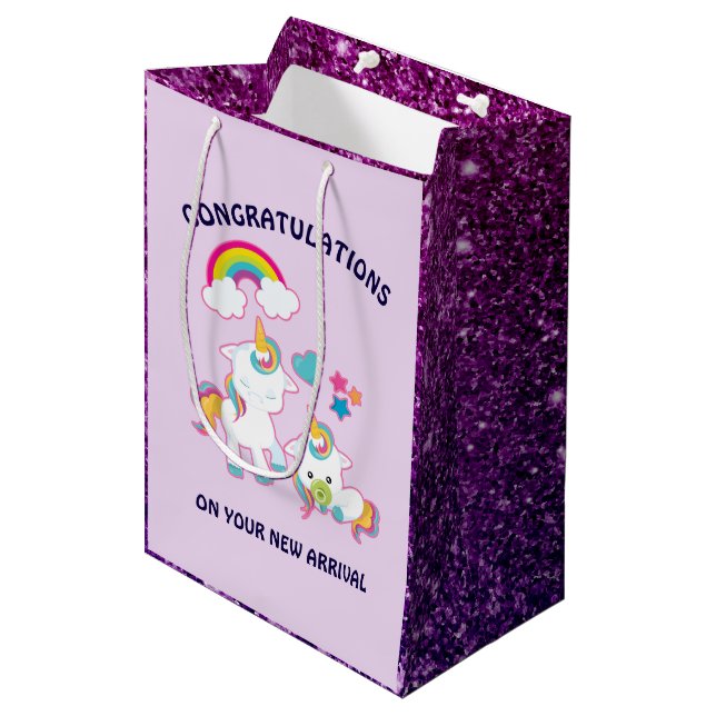 Sac Cadeau Moyen Cute White Unicorns Magique Mama & Baby Félicats (Devant Angle)