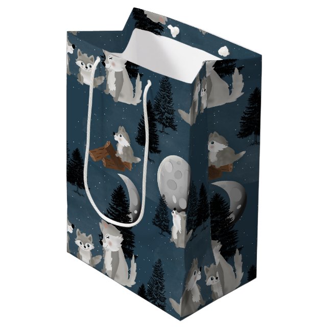 Sac Cadeau Moyen Cute Wolf Pack Woodland Night Sky Moon (Devant Angle)