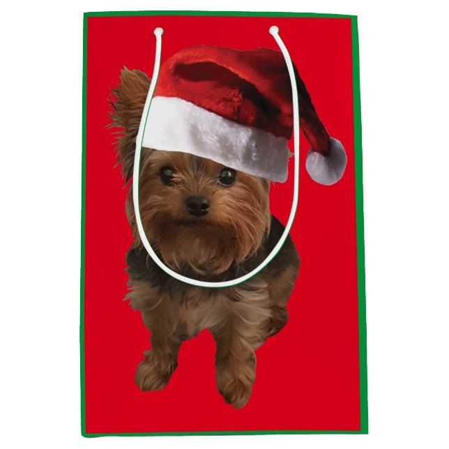 Sac Cadeau Moyen Cute Yorkie Chiot portant un Casquette du Père Noë (Devant)
