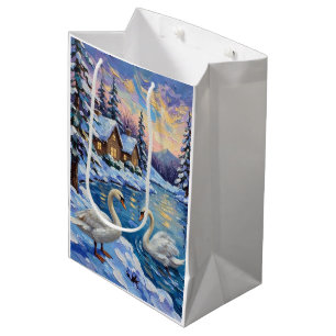 Sac Cadeau Moyen Cygnes vintage sur un lac hivernal - Peinture de N