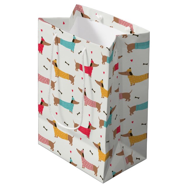 Sac Cadeau Moyen Dachshunds en Sweaters Motif de vacances (Devant Angle)