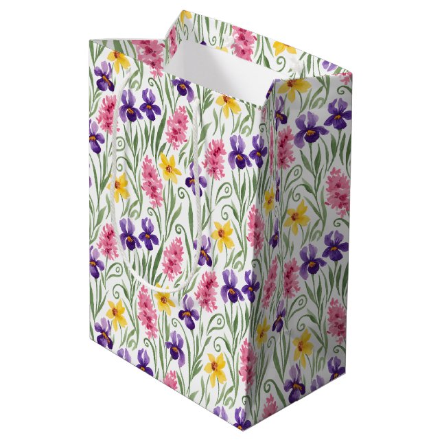Sac Cadeau Moyen Daffodil Yellow, Iris Purple, Hyacinth Pink Floral (Dos Angle)