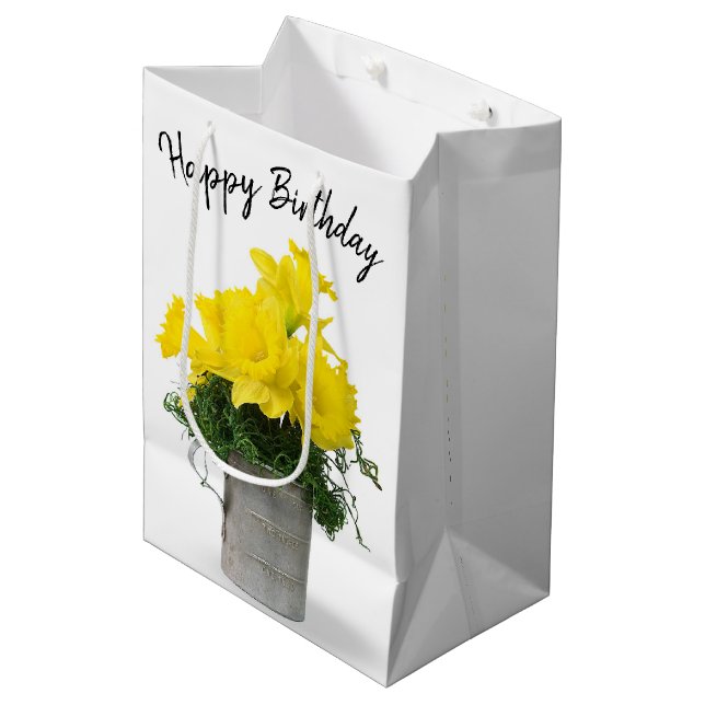 Sac Cadeau Moyen Daffodique Bouquet Anniversaire (Devant Angle)
