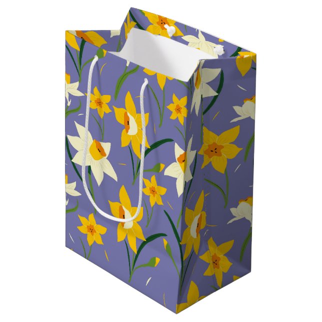 Sac Cadeau Moyen Daffodiques sur bleu pourpre (Devant Angle)