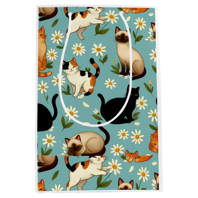 Sac Cadeau Moyen Daisy Paws Parade – Playful Cats & Blooms (Devant)