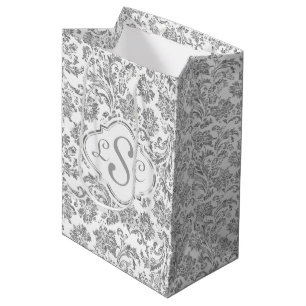 Sac Cadeau Moyen Damas florales en argent blanc et métal monogramme