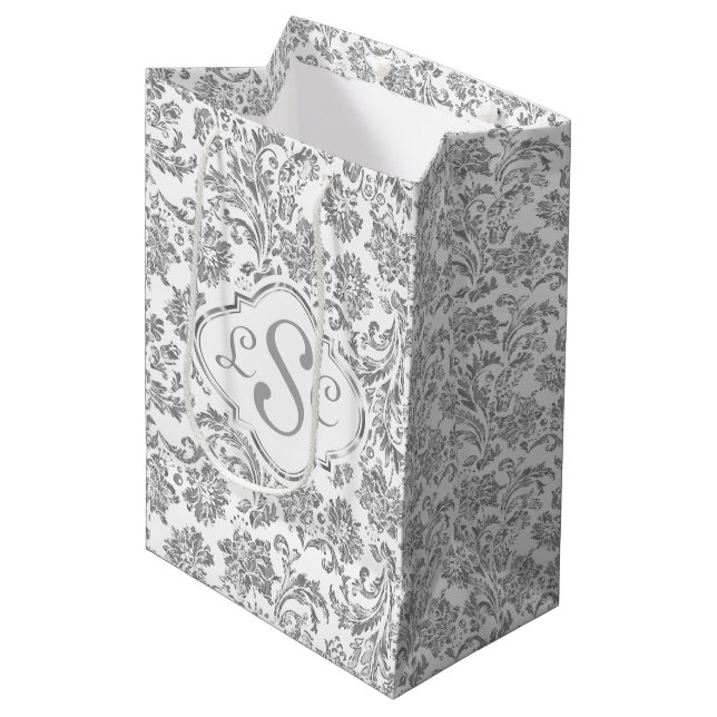 Sac Cadeau Moyen Damas florales en argent blanc et métal monogramme (Devant Angle)