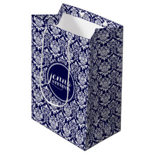 Sac Cadeau Moyen Damas Vintage bleu foncé et blanc monogrammes 3