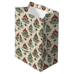 Sac Cadeau Moyen Damassé Vintage Texturé Rouge Vert Beige