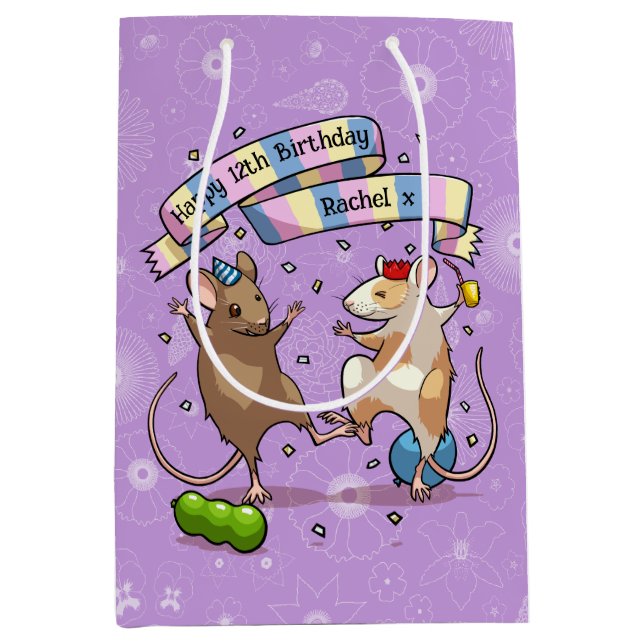 Sac Cadeau Moyen Dancing Mice Ajouter Le Nom Joyeux Anniversaire Fê (Devant)