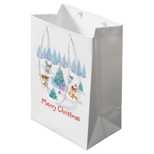 Sac Cadeau Moyen Danse Animaux de forêt Noël Aquarelle (Devant Angle)