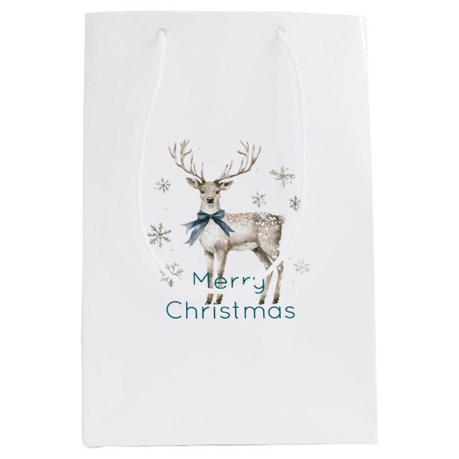 Sac Cadeau Moyen Deer Blue Bow Snowflakes Christmas (Devant)