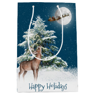 Sac Cadeau Moyen Deer et Père Noël en traîne sur la lune